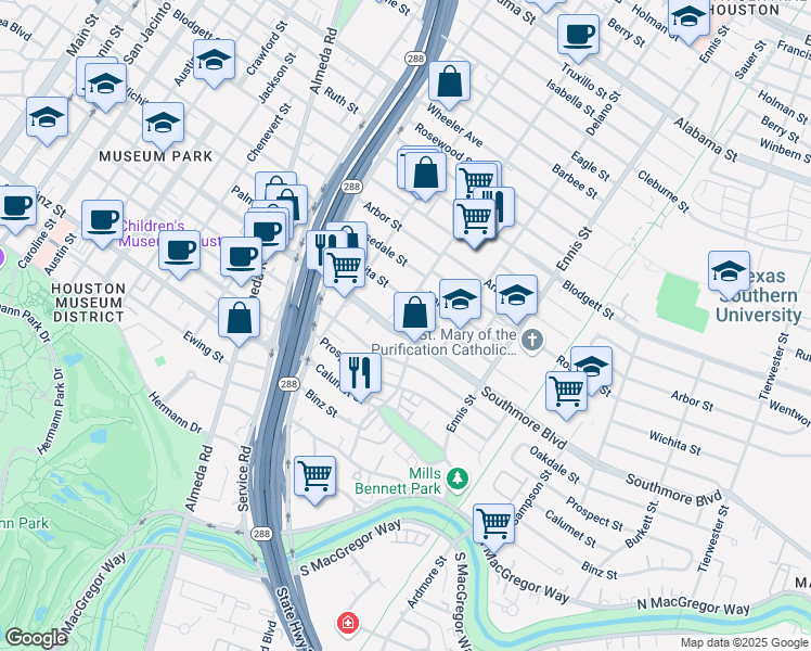 map of restaurants, bars, coffee shops, grocery stores, and more near 2524 Wichita Street in Houston