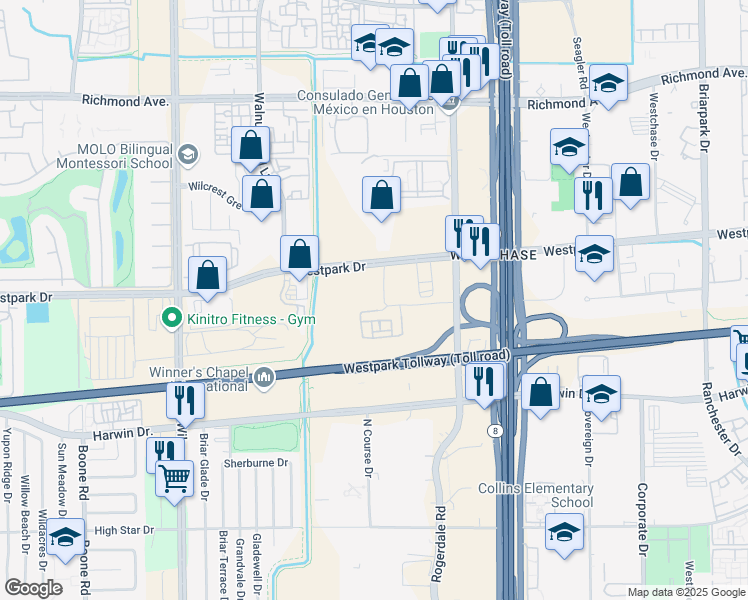 map of restaurants, bars, coffee shops, grocery stores, and more near 10965 Westpark Drive in Houston