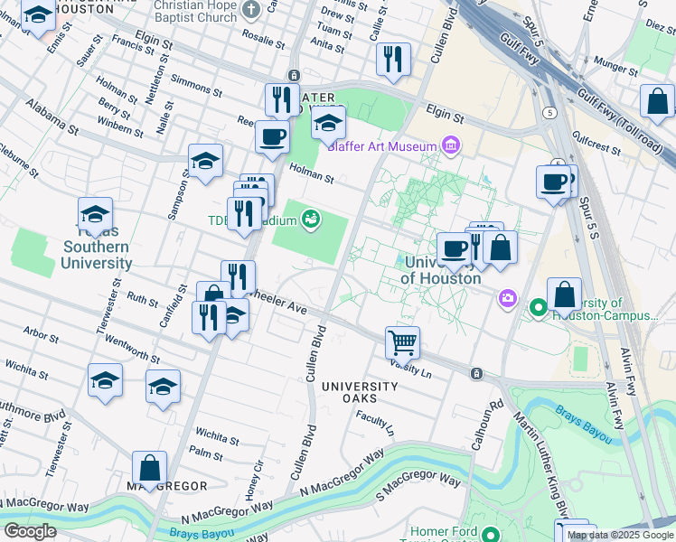 map of restaurants, bars, coffee shops, grocery stores, and more near in Houston