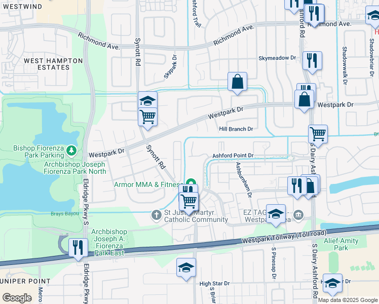 map of restaurants, bars, coffee shops, grocery stores, and more near 12910 Ashford Point Drive in Houston