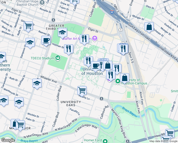 map of restaurants, bars, coffee shops, grocery stores, and more near 4800 Calhoun Road in Houston