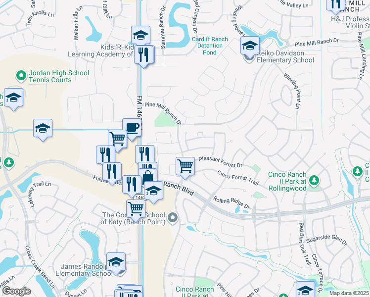 map of restaurants, bars, coffee shops, grocery stores, and more near 4842 Sequoia Park Lane in Katy