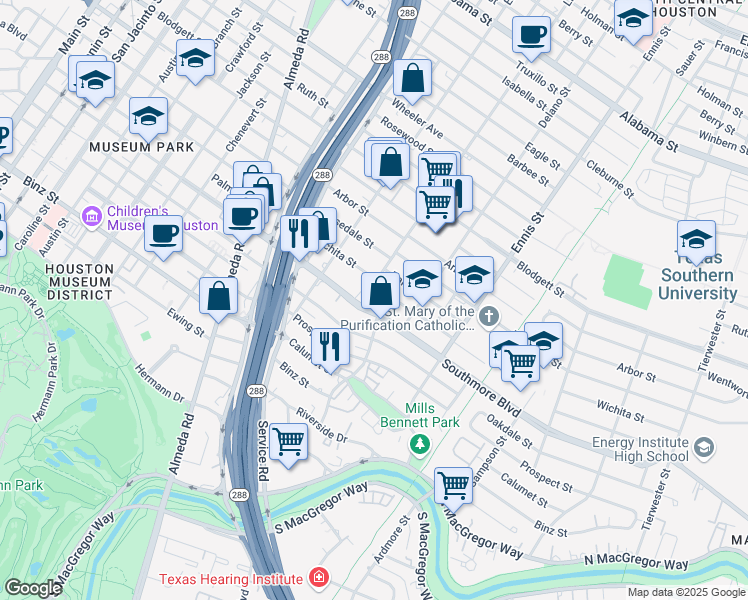 map of restaurants, bars, coffee shops, grocery stores, and more near 2524 Wichita Street in Houston