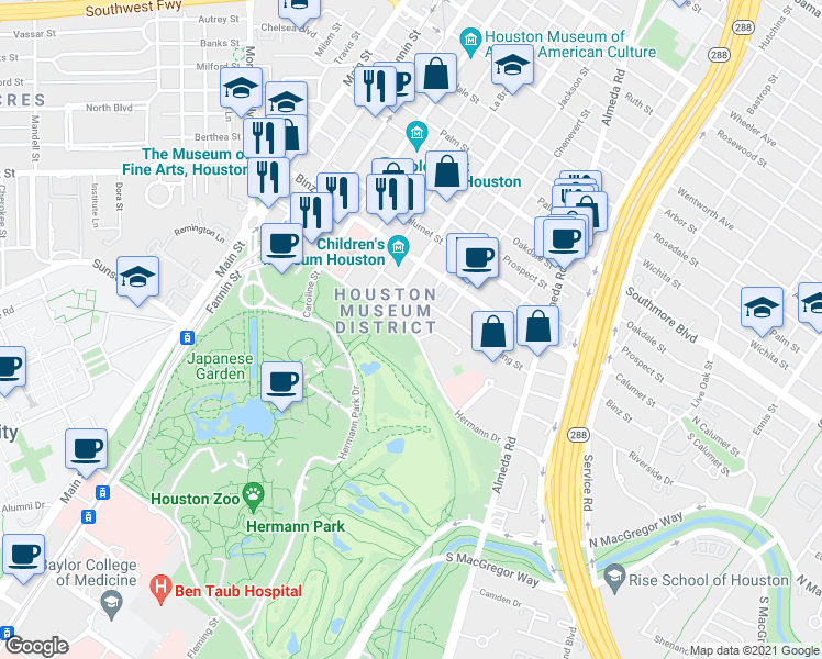 map of restaurants, bars, coffee shops, grocery stores, and more near 1707 Hermann Drive in Houston