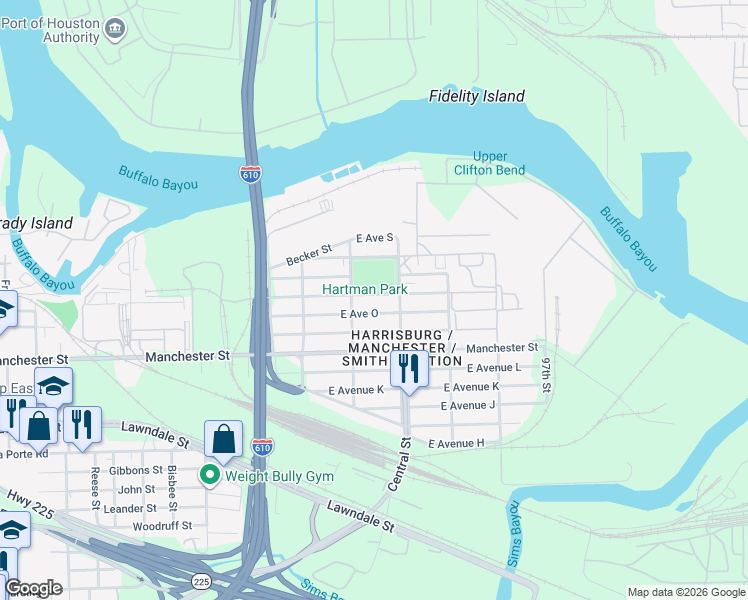 map of restaurants, bars, coffee shops, grocery stores, and more near 9311 East Avenue P in Houston