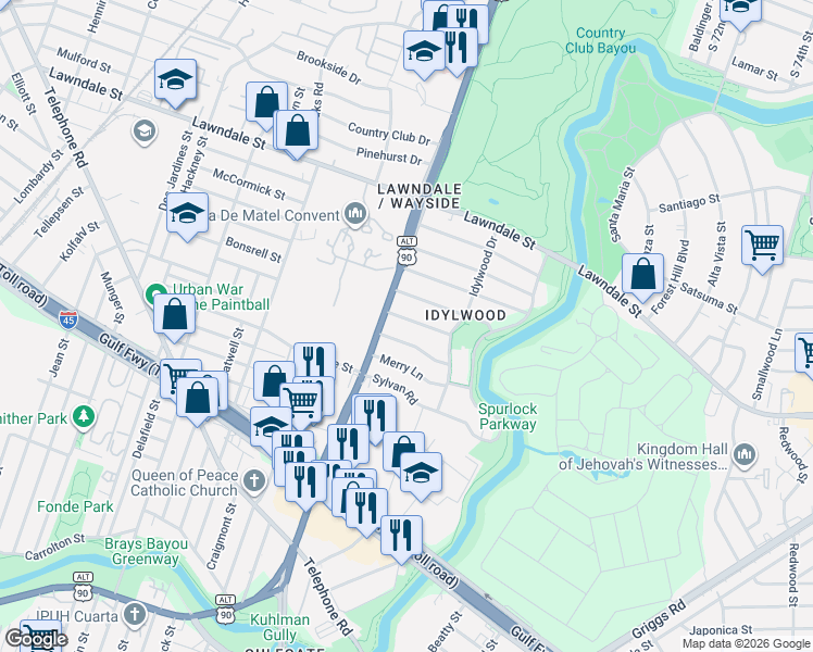 map of restaurants, bars, coffee shops, grocery stores, and more near 6622 Park Lane in Houston