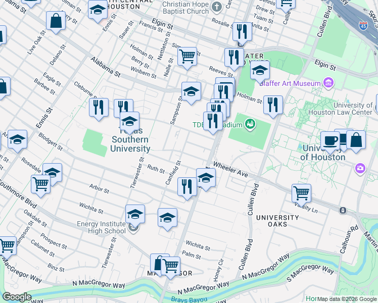 map of restaurants, bars, coffee shops, grocery stores, and more near 3830 Canfield Street in Houston