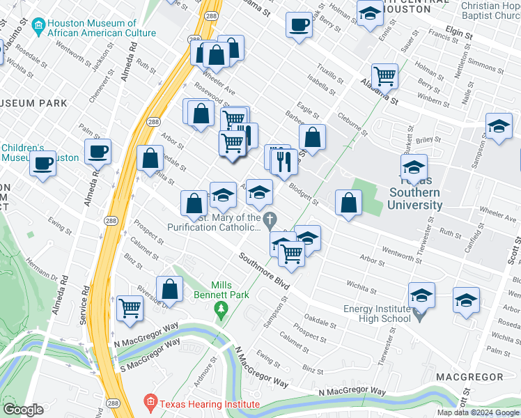 map of restaurants, bars, coffee shops, grocery stores, and more near in Houston