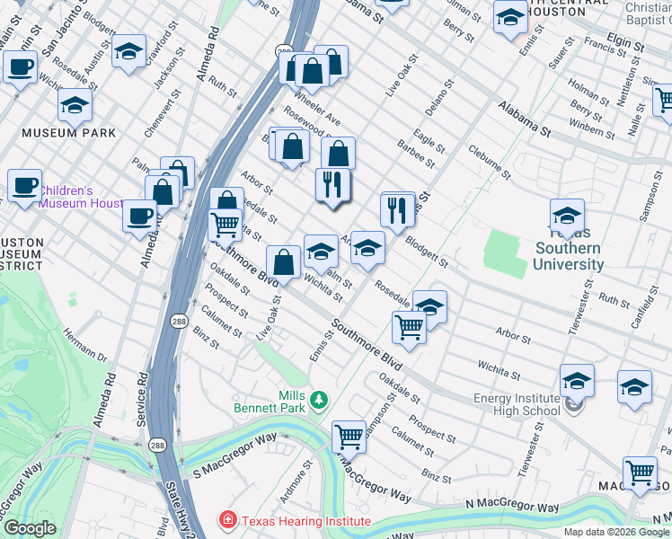 map of restaurants, bars, coffee shops, grocery stores, and more near 2807 Rosedale Street in Houston
