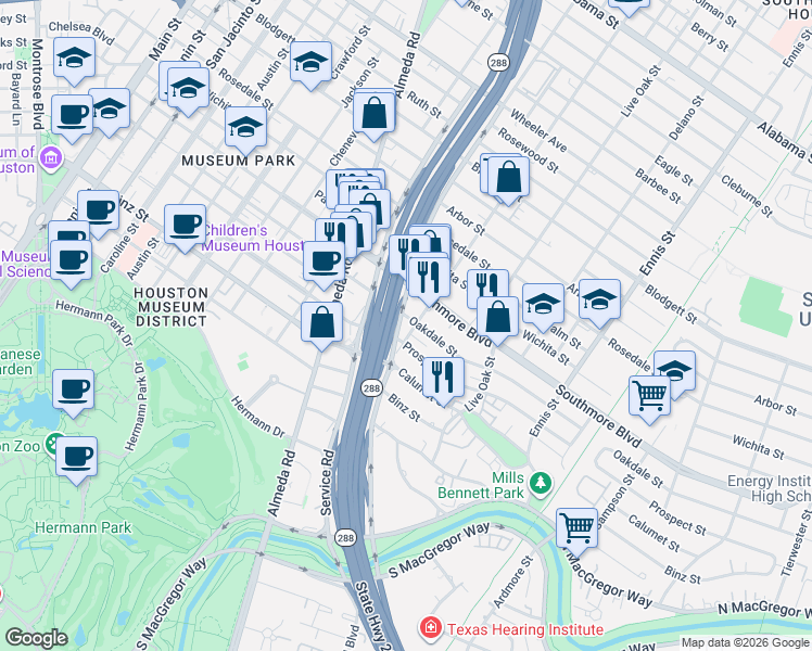 map of restaurants, bars, coffee shops, grocery stores, and more near 2317 Oakdale Street in Houston