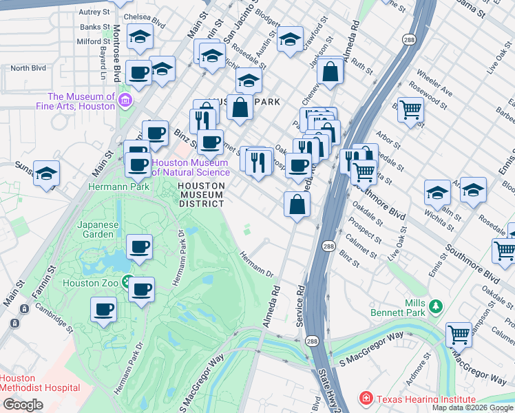 map of restaurants, bars, coffee shops, grocery stores, and more near 1820 Binz Street in Houston
