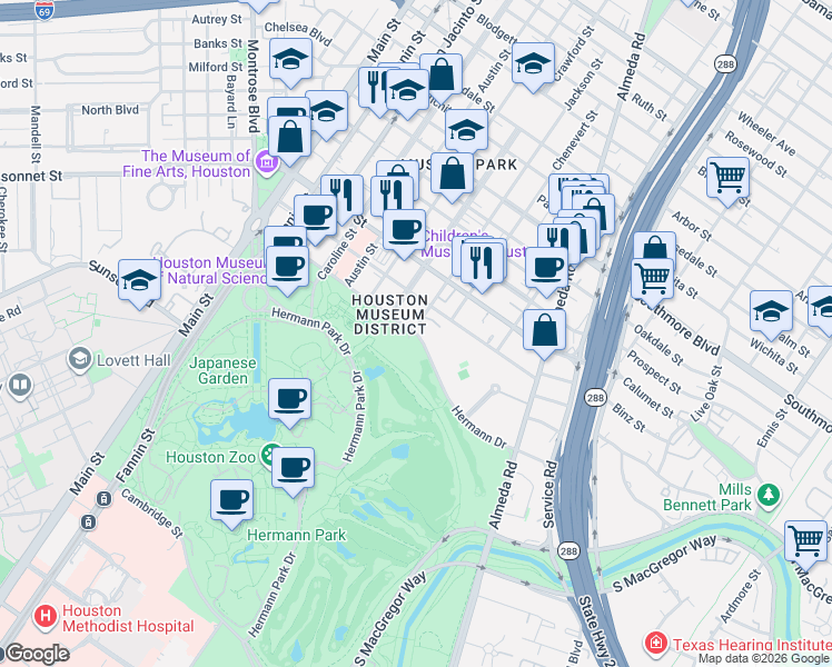map of restaurants, bars, coffee shops, grocery stores, and more near 1615 Hermann Drive in Houston