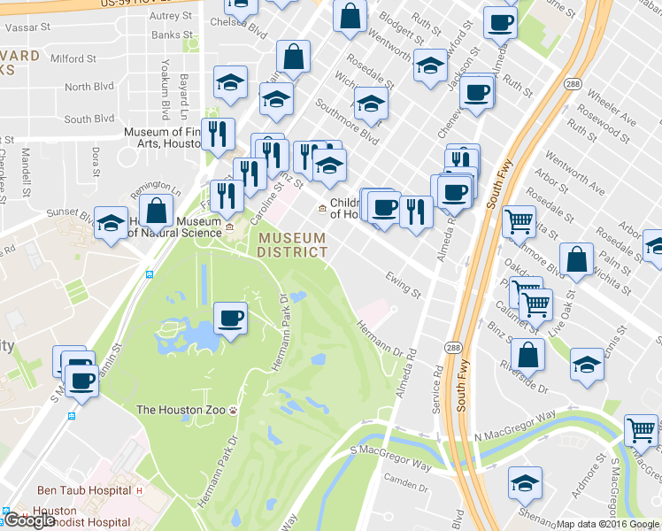map of restaurants, bars, coffee shops, grocery stores, and more near 1615 Hermann Drive in Houston