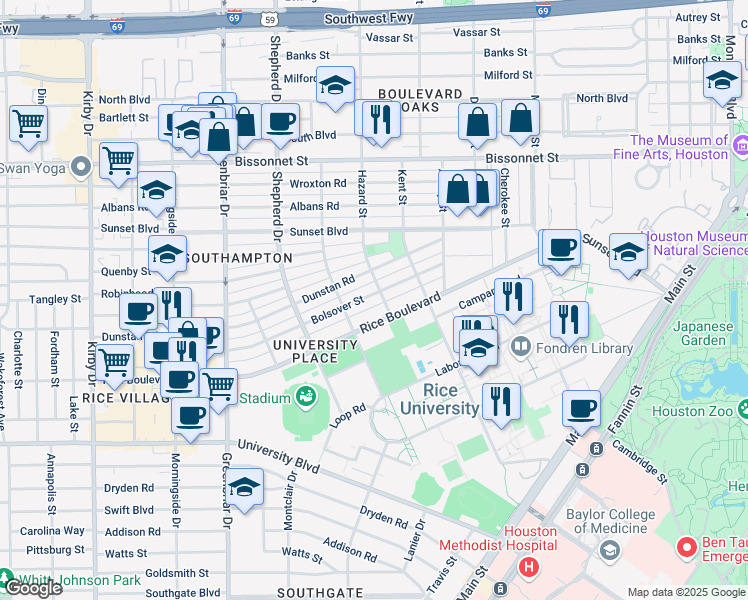 map of restaurants, bars, coffee shops, grocery stores, and more near 1932 Bolsover Street in Houston