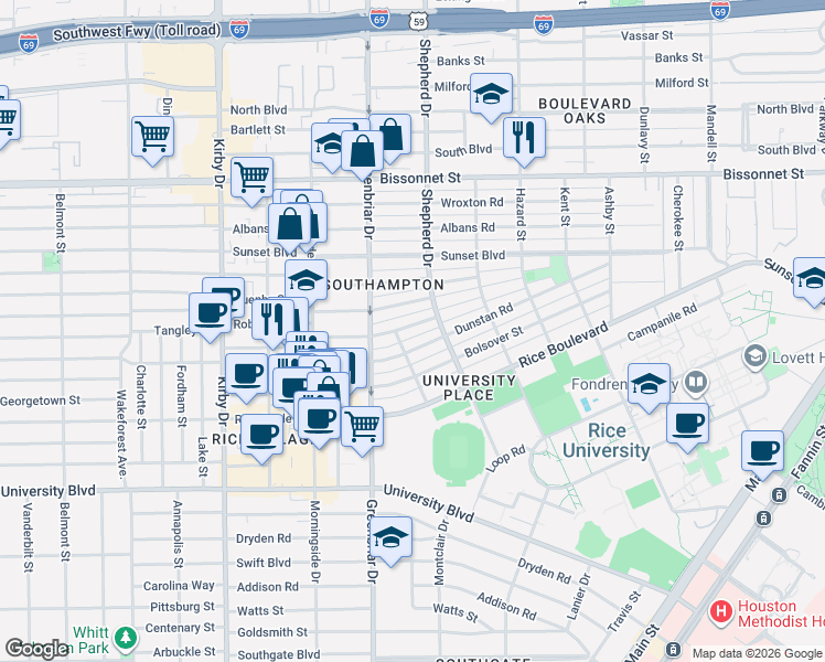 map of restaurants, bars, coffee shops, grocery stores, and more near 2208 Tangley Street in Houston