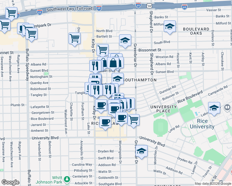 map of restaurants, bars, coffee shops, grocery stores, and more near 5010 Morningside Drive in Houston