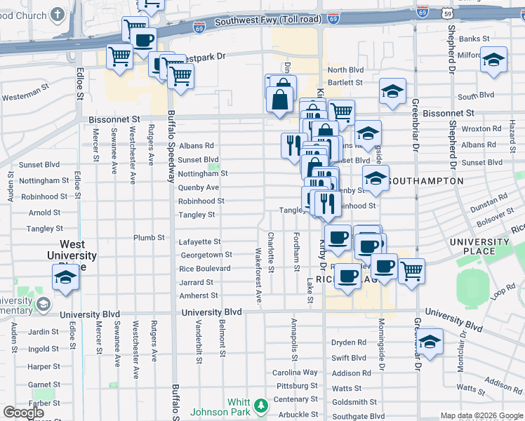 map of restaurants, bars, coffee shops, grocery stores, and more near 2808 Robinhood Street in Houston