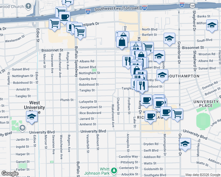map of restaurants, bars, coffee shops, grocery stores, and more near 2808 Robinhood Street in Houston