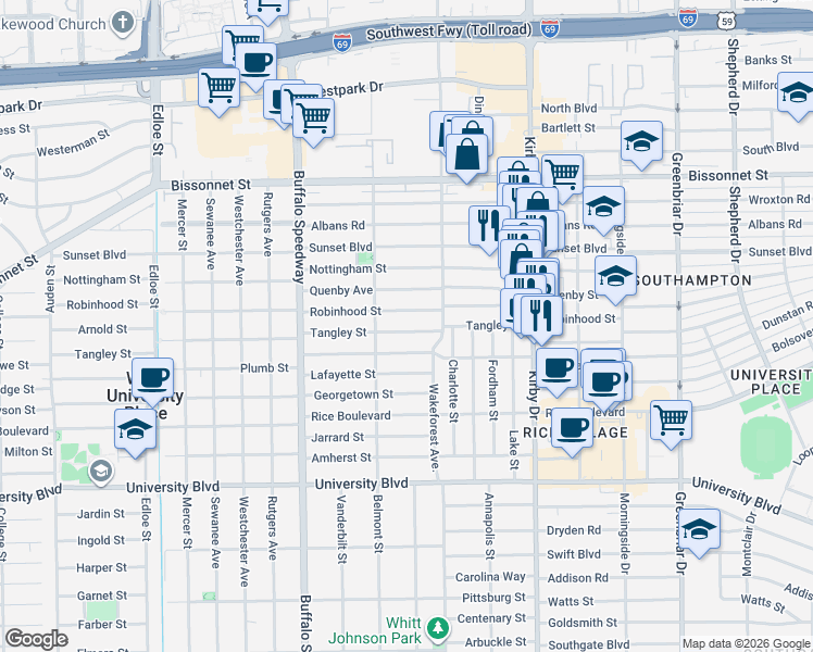 map of restaurants, bars, coffee shops, grocery stores, and more near 2916 Robinhood Street in Houston