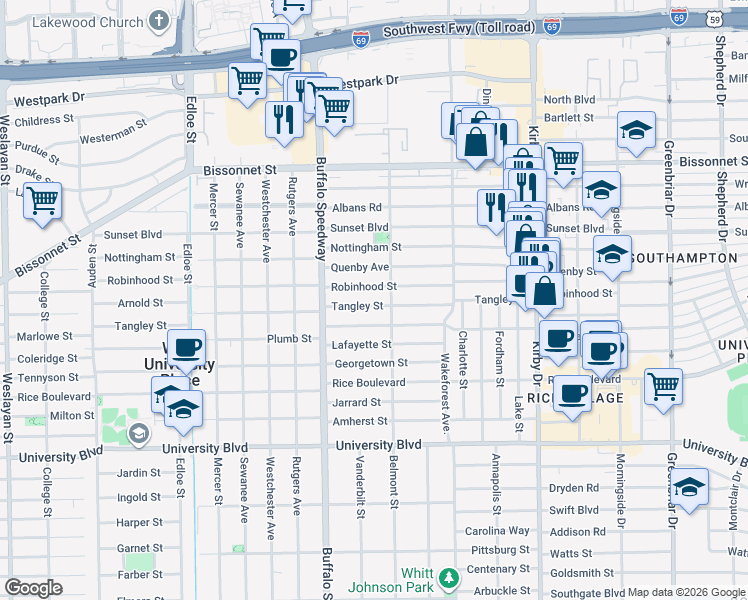 map of restaurants, bars, coffee shops, grocery stores, and more near 3018 Robinhood Street in Houston