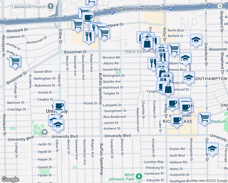 map of restaurants, bars, coffee shops, grocery stores, and more near 3018 Robinhood Street in Houston