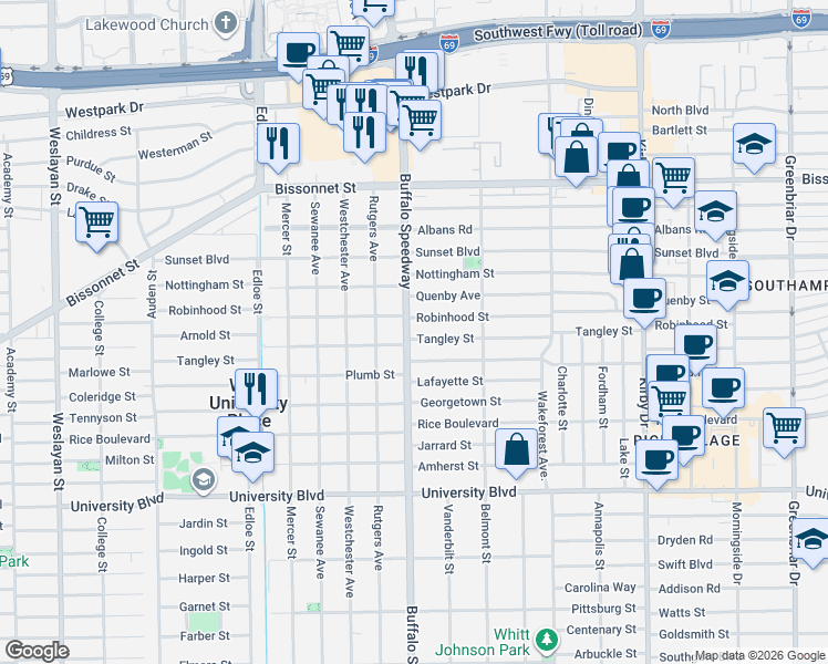 map of restaurants, bars, coffee shops, grocery stores, and more near 3122 Robinhood Street in West University Place
