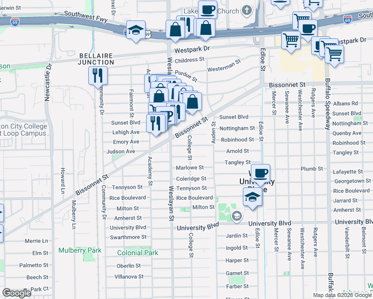 map of restaurants, bars, coffee shops, grocery stores, and more near 3918 Browning Street in Houston