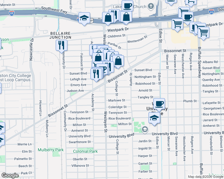 map of restaurants, bars, coffee shops, grocery stores, and more near 3918 Browning Street in Houston