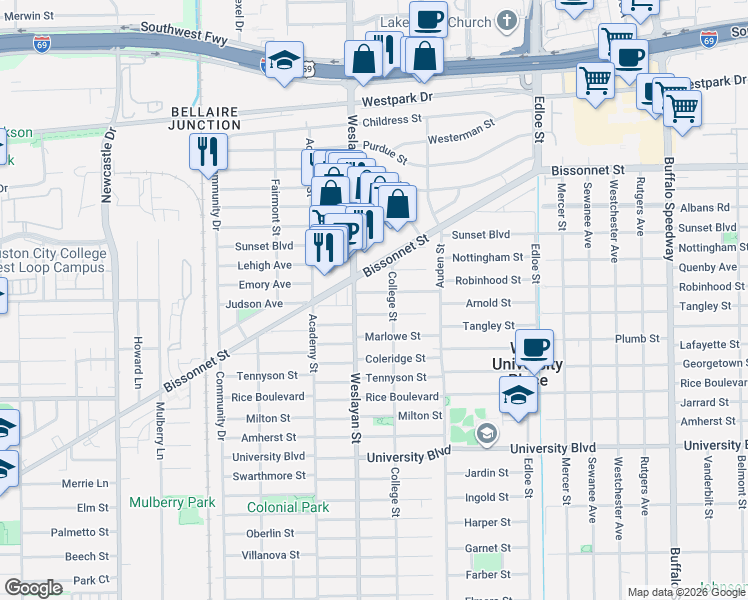 map of restaurants, bars, coffee shops, grocery stores, and more near 3918 Browning Street in Houston