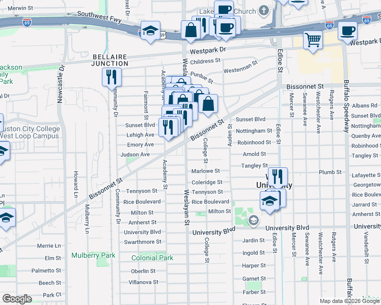 map of restaurants, bars, coffee shops, grocery stores, and more near 3918 Browning Street in Houston