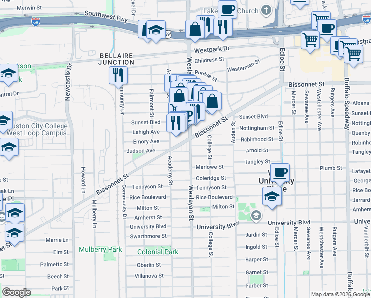 map of restaurants, bars, coffee shops, grocery stores, and more near in Houston