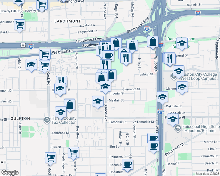 map of restaurants, bars, coffee shops, grocery stores, and more near 5611 South Rice Avenue in Houston