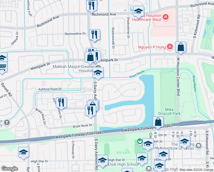 map of restaurants, bars, coffee shops, grocery stores, and more near 12430 South Shadow Cove Drive in Houston