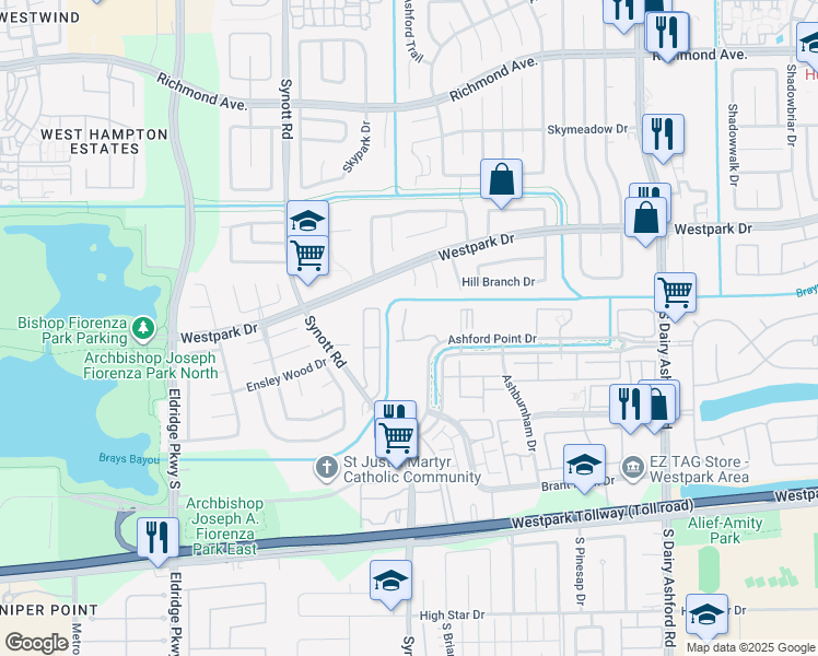 map of restaurants, bars, coffee shops, grocery stores, and more near 12910 Ashford Point Drive in Houston