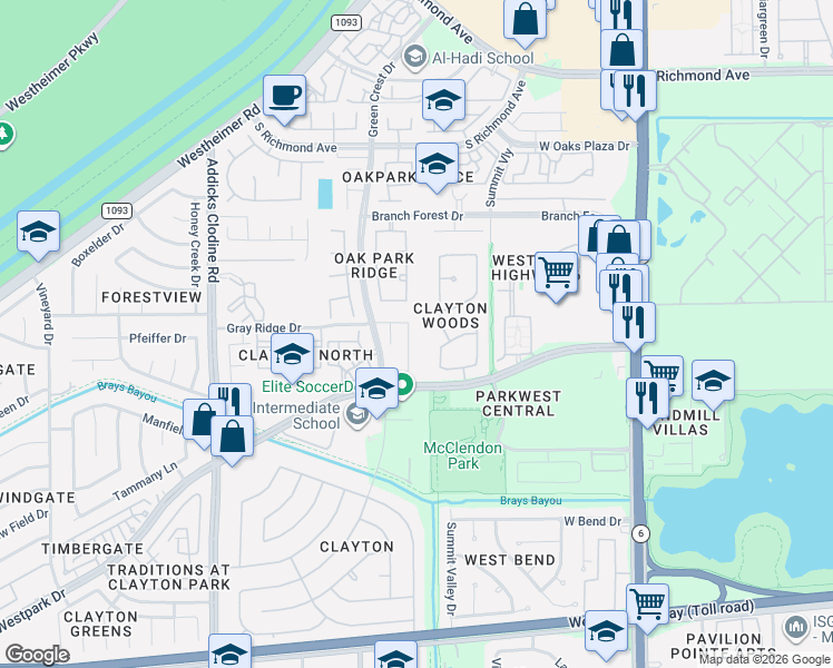 map of restaurants, bars, coffee shops, grocery stores, and more near 3406 Clayton Woods Drive in Houston