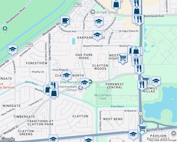 map of restaurants, bars, coffee shops, grocery stores, and more near 14922 Gray Ridge Drive in Houston