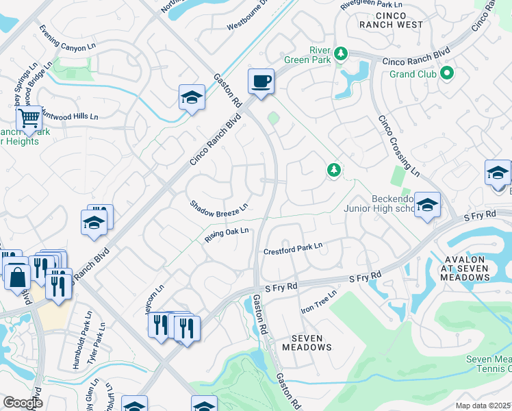 map of restaurants, bars, coffee shops, grocery stores, and more near 26110 Valley Blossom Court in Katy
