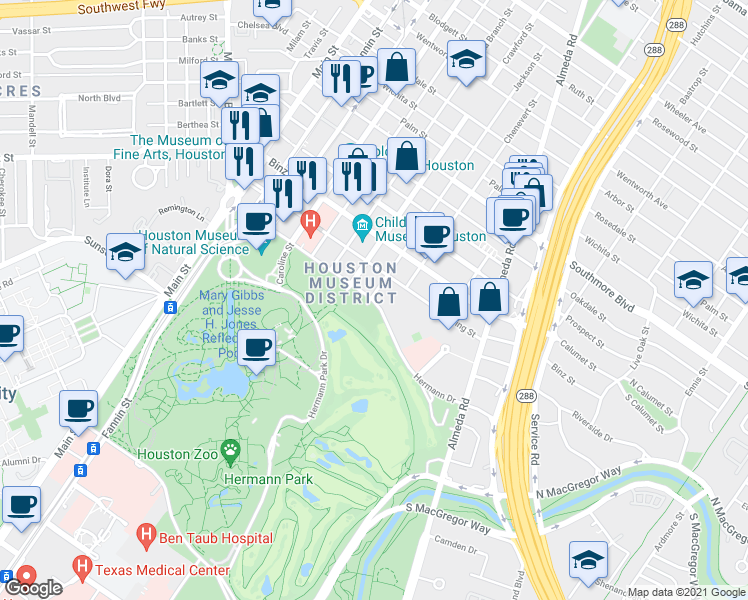 map of restaurants, bars, coffee shops, grocery stores, and more near 1705 Hermann Drive in Houston