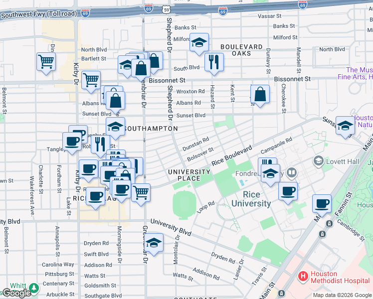 map of restaurants, bars, coffee shops, grocery stores, and more near 2122 Dunstan Road in Houston