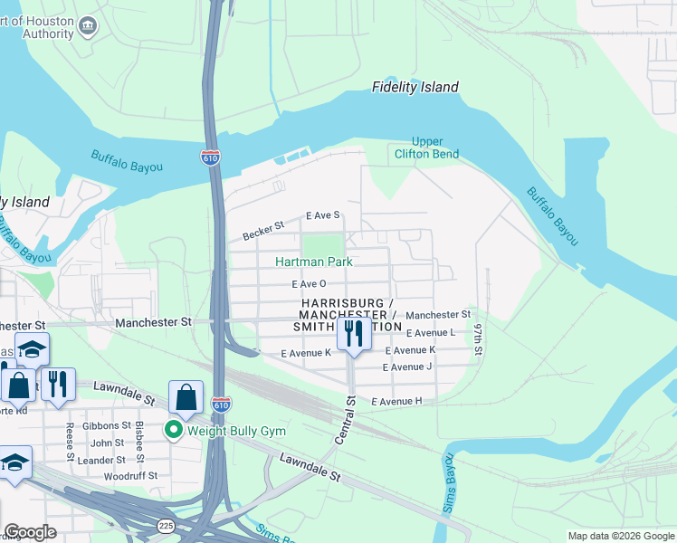 map of restaurants, bars, coffee shops, grocery stores, and more near 9344 East Avenue P in Houston