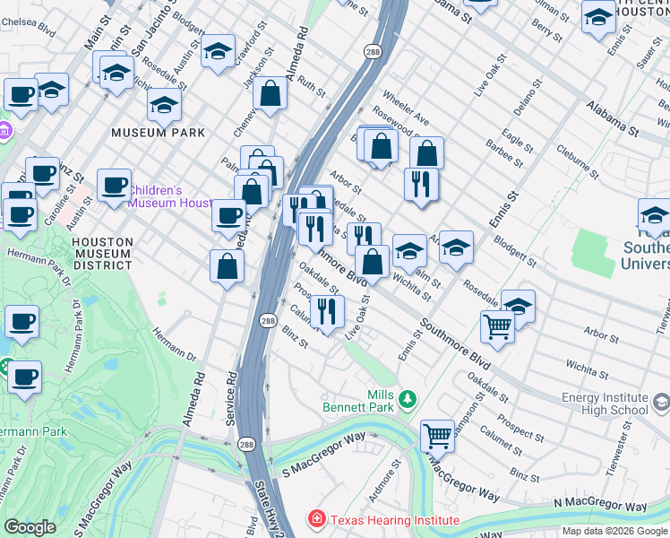 map of restaurants, bars, coffee shops, grocery stores, and more near 2415 Southmore Boulevard in Houston