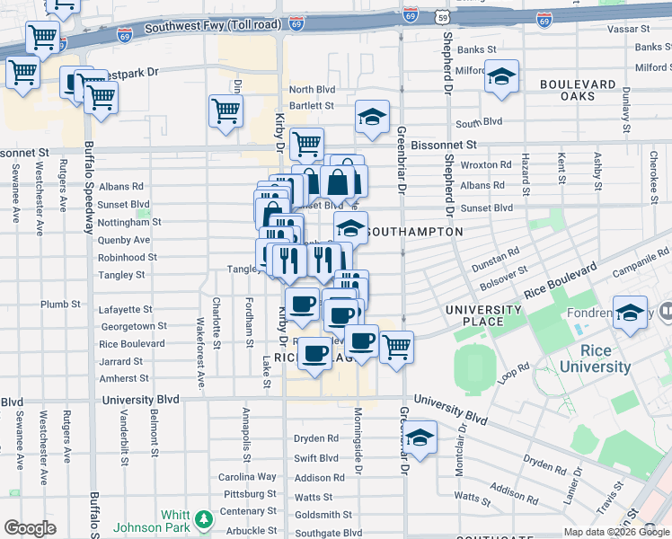 map of restaurants, bars, coffee shops, grocery stores, and more near 2434 Robinhood Street in Houston