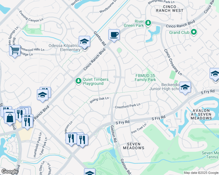 map of restaurants, bars, coffee shops, grocery stores, and more near 26118 Valley Blossom Court in Katy