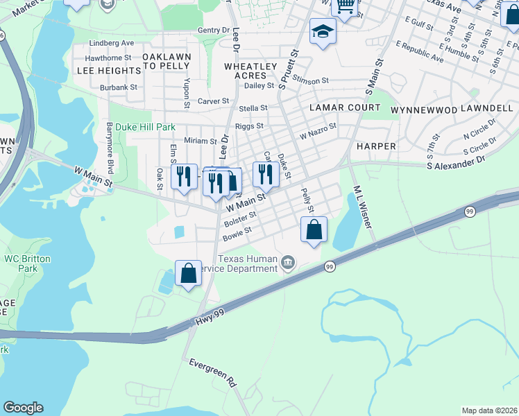 map of restaurants, bars, coffee shops, grocery stores, and more near 511B West Main Street in Baytown