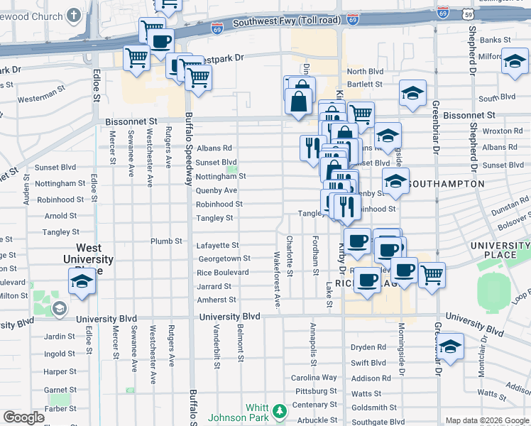 map of restaurants, bars, coffee shops, grocery stores, and more near 2808 Robinhood Street in Houston