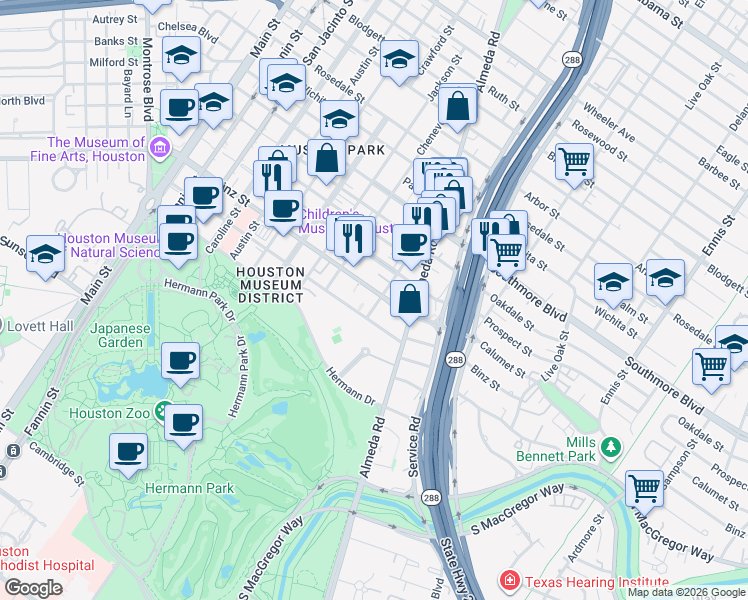 map of restaurants, bars, coffee shops, grocery stores, and more near 1820 Binz Street in Houston