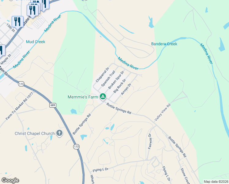 map of restaurants, bars, coffee shops, grocery stores, and more near 190 Broken Spur Circle in Bandera