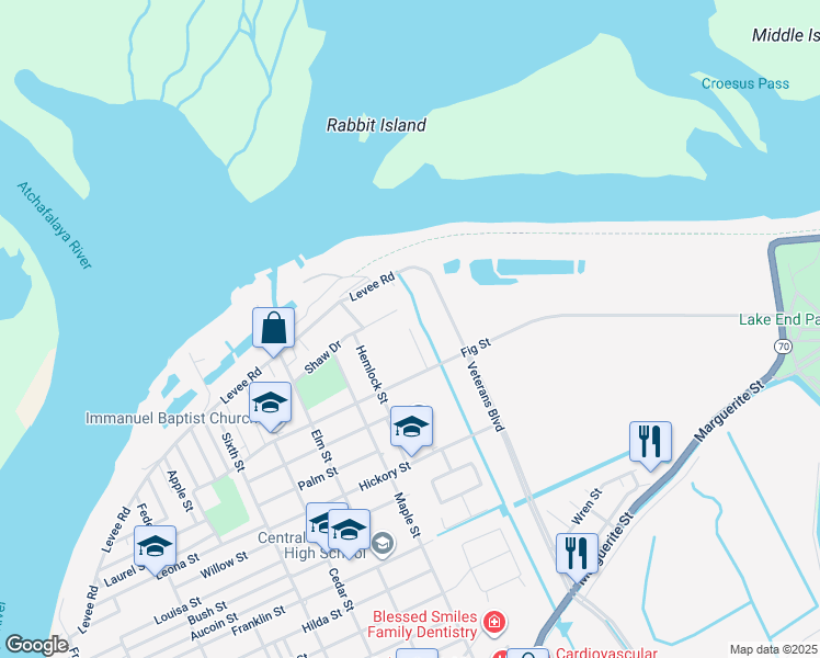 map of restaurants, bars, coffee shops, grocery stores, and more near 2698 Fir Drive in Morgan City