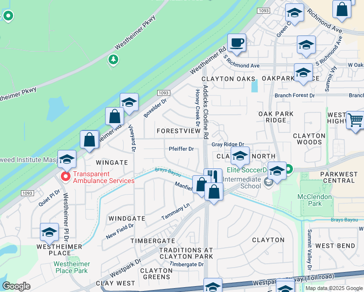 map of restaurants, bars, coffee shops, grocery stores, and more near 15803 Wingdale Drive in Houston