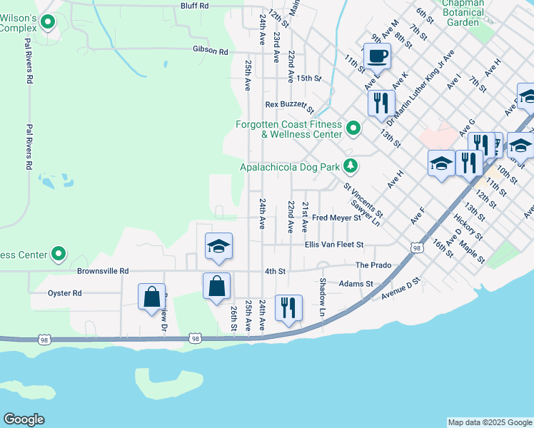 map of restaurants, bars, coffee shops, grocery stores, and more near 170 24th Avenue in Apalachicola